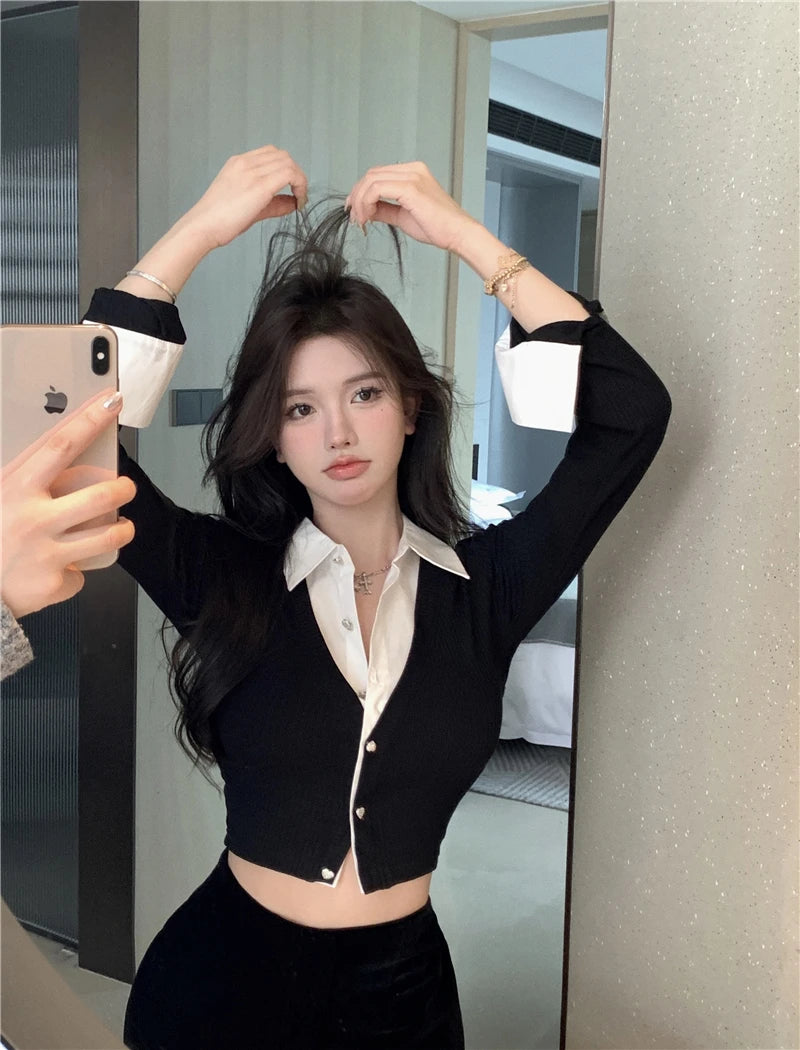 T-shirts Women Minimalist Sexy Aesthetic Delicate Panelled Patchwork All-match Female Clothing Fake Two Pieces Knitted Advanced