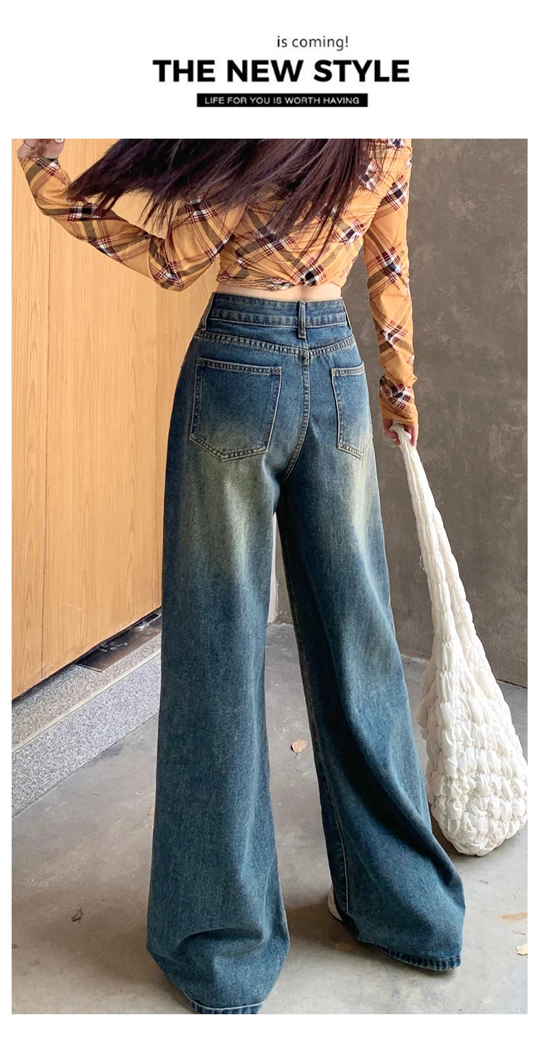 Womens Jeans Denim Pants 2025 Euramerican High Waist Girl Style Colorful Straight Leg Wide Leg Trousers
