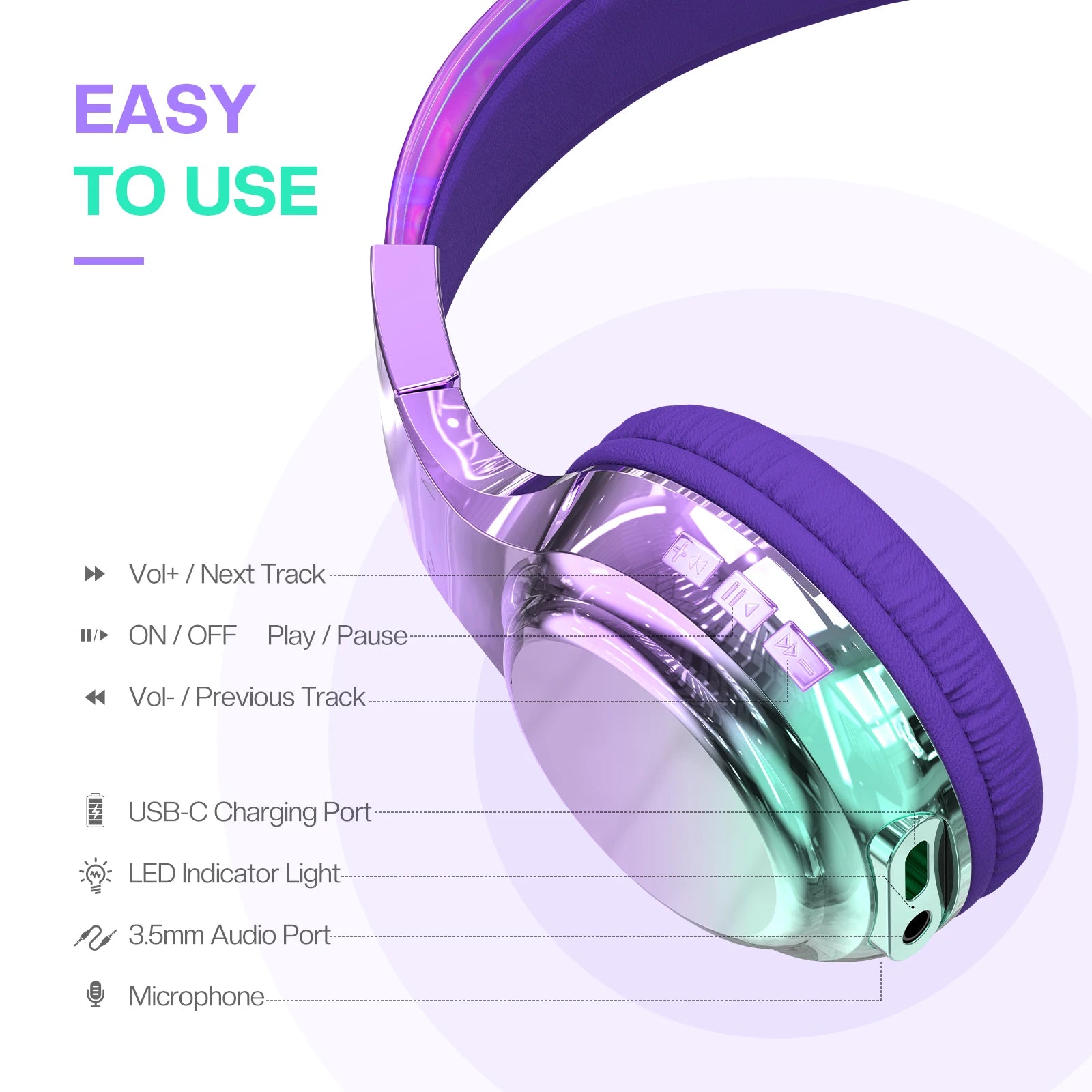 Glossy Bluetooth Headphones For Kids Girls Wireless Stereo Headset With Mic