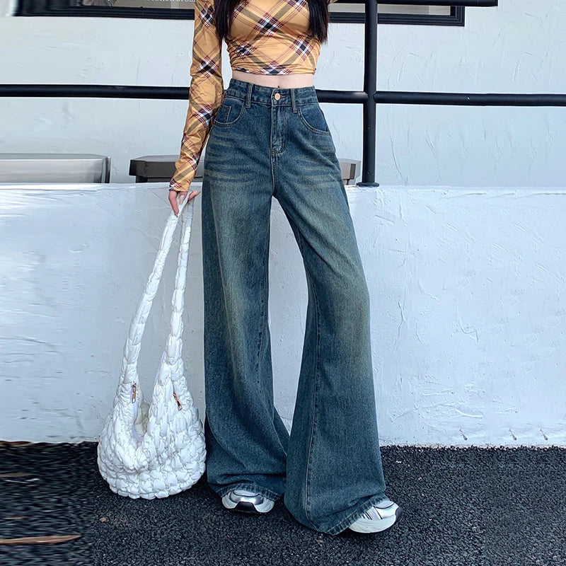 Womens Jeans Denim Pants 2025 Euramerican High Waist Girl Style Colorful Straight Leg Wide Leg Trousers
