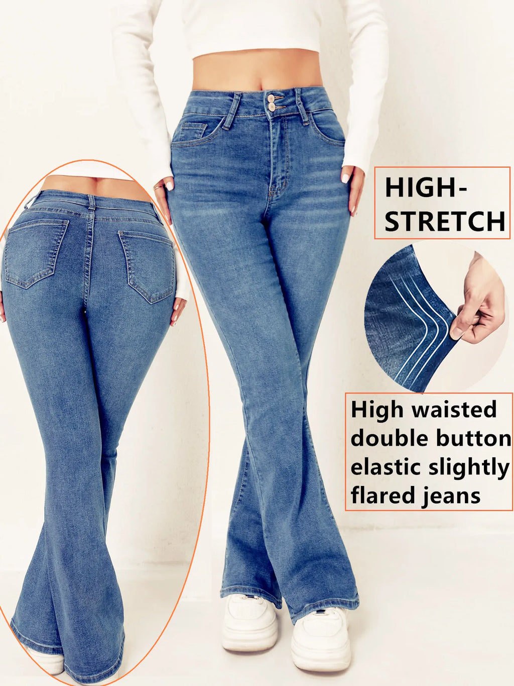 2026 Women's Jeans High Waisted Double Button Elastic Slightly Flared American Style Casual Versatile Washed Denim Trousers
