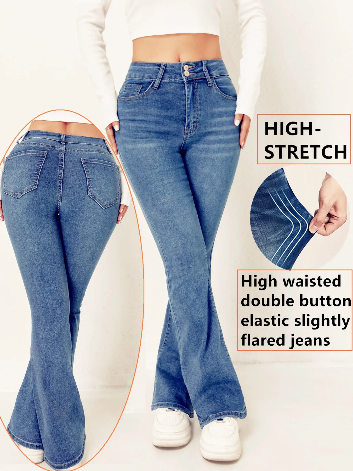 2026 Women's Jeans High Waisted Double Button Elastic Slightly Flared American Style Casual Versatile Washed Denim Trousers