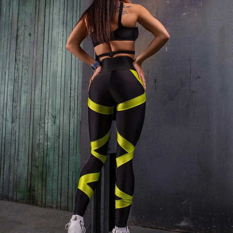 Women’s 2-Piece Mesh Yoga Set - Lace-Up Sports Bra & High Waist Leggings