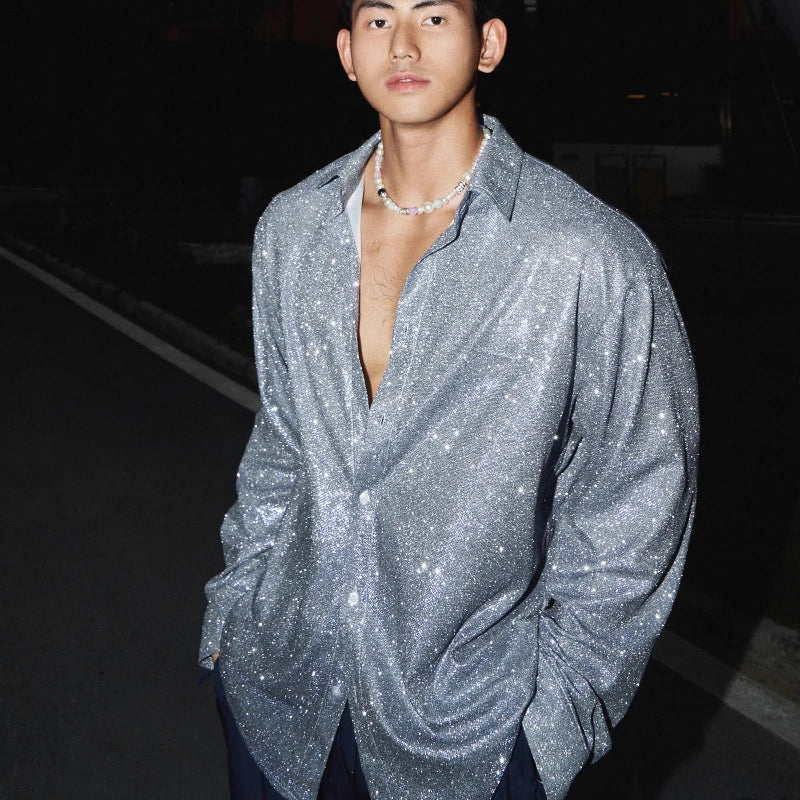 Men’s Shiny Metallic Long Sleeve Shirt - Luxury Gloss Trendy Party Top