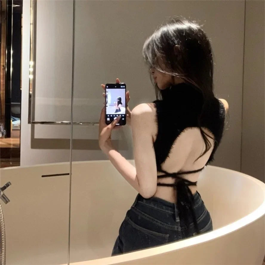 Women Knit Halter Crop Top Furry Lace Up Sleeveless