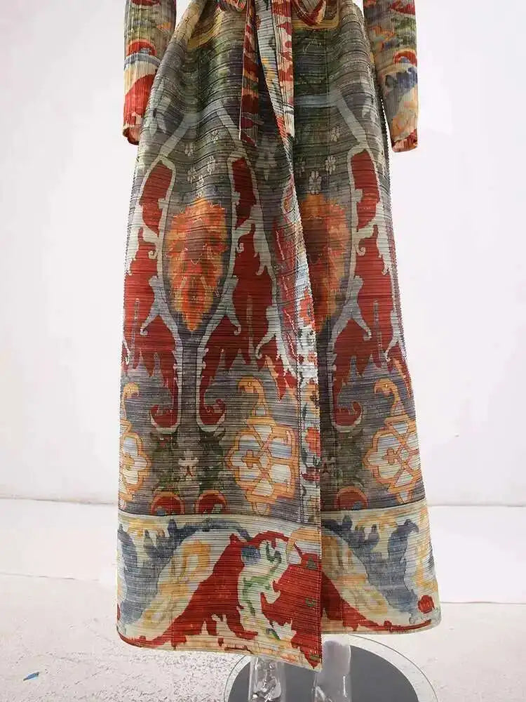 LANMREM Fashion Designer Print Pleated Windbreaker Women Scraf Collar Belt Gathered Waist Contrast Color 2024 New Coat 32C1261 - trendingshoping.com