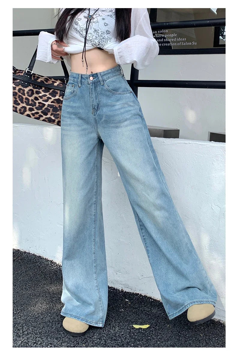 Womens Jeans Denim Pants 2025 Euramerican High Waist Girl Style Colorful Straight Leg Wide Leg Trousers