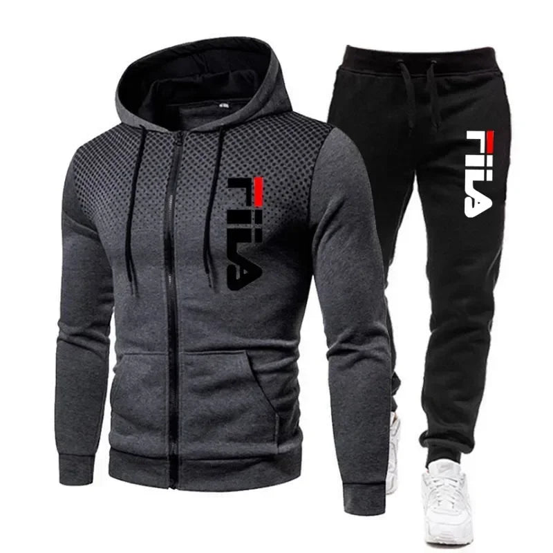 FILA Men's Autumn Winter Sports Hoodie & Jogging Pants Set – Casual Fitness Sweatshirt, Zipper Hoodie + 2 Stretch Pants