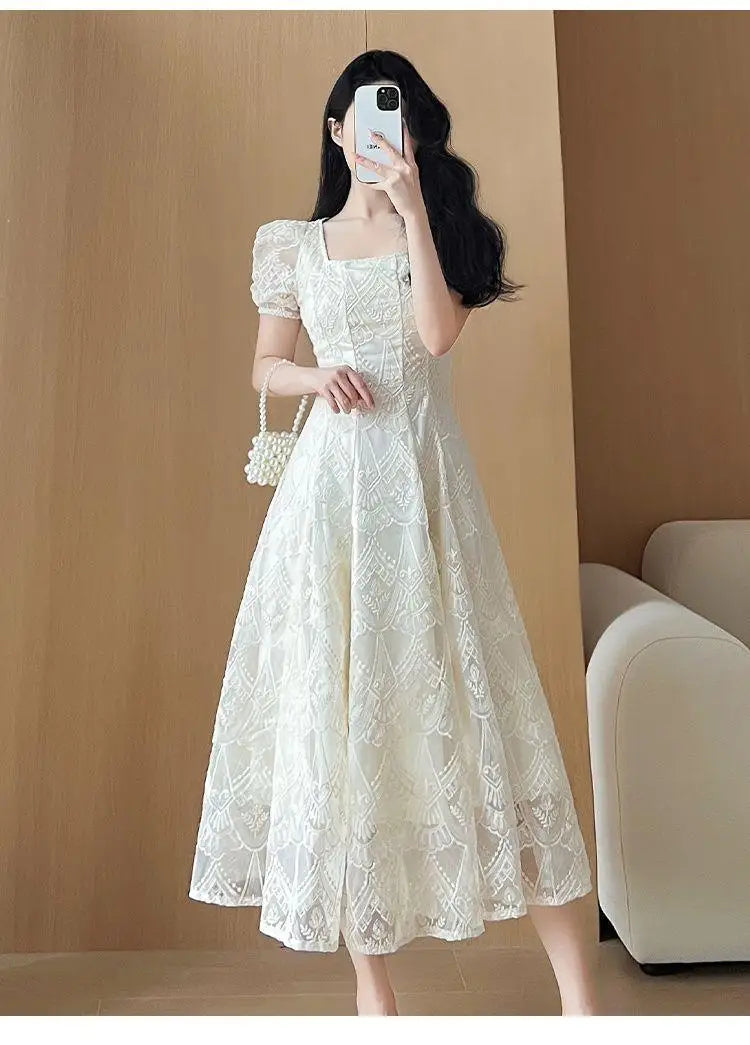 Women's Plus Size A-Line Summer Dress - Lace Hollow Out, Square Neck, Waist Cinched