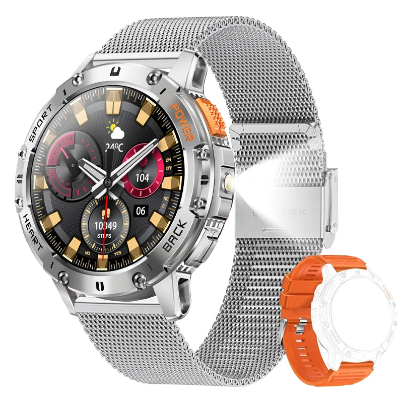 AMOLED Smart Watch for Men – Waterproof Sports Fitness Tracker with Flashlight & Bluetooth Call + Box