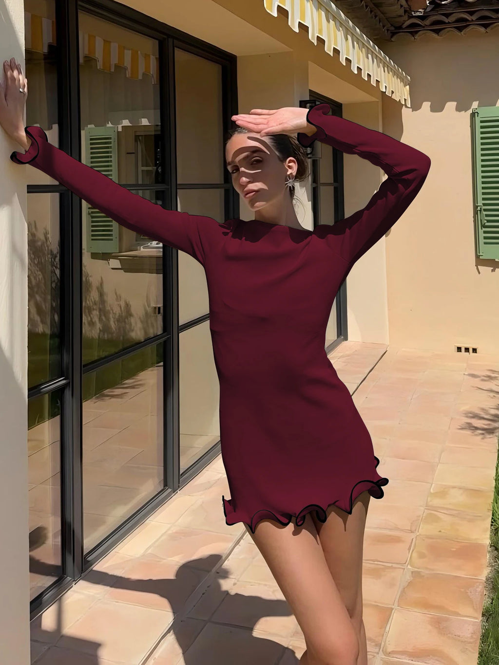 Dulzura Women's Ruffle Patchwork Bodycon Mini Dress - Long Sleeve O-Neck Sexy Party Outfit