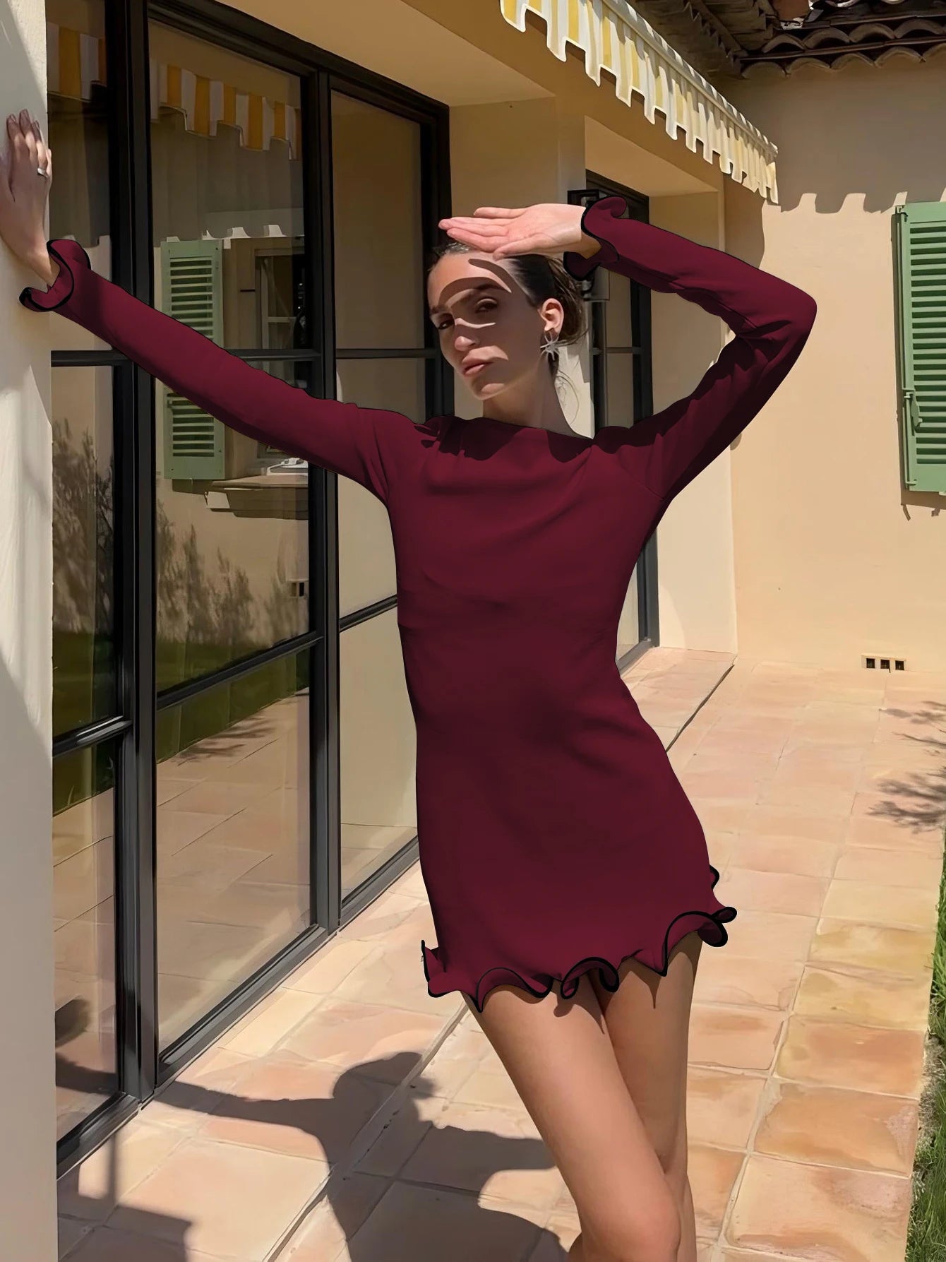 Dulzura Women's Ruffle Patchwork Bodycon Mini Dress - Long Sleeve O-Neck Sexy Party Outfit