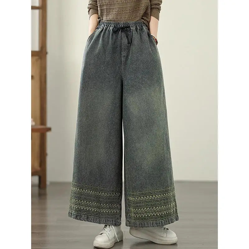Jeans Women 2025 Autumn New Jeans Retro Heavy Industry Embroidery Ethnic Style Elastic Waist Casual Oversized Wide Leg Pants - trendingshoping.com