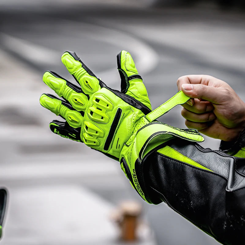 Motorcycle Gloves Full Finger Genuine Leather Long Abrasion-Resistant Riding Gloves with Knuckle Wrist Protection