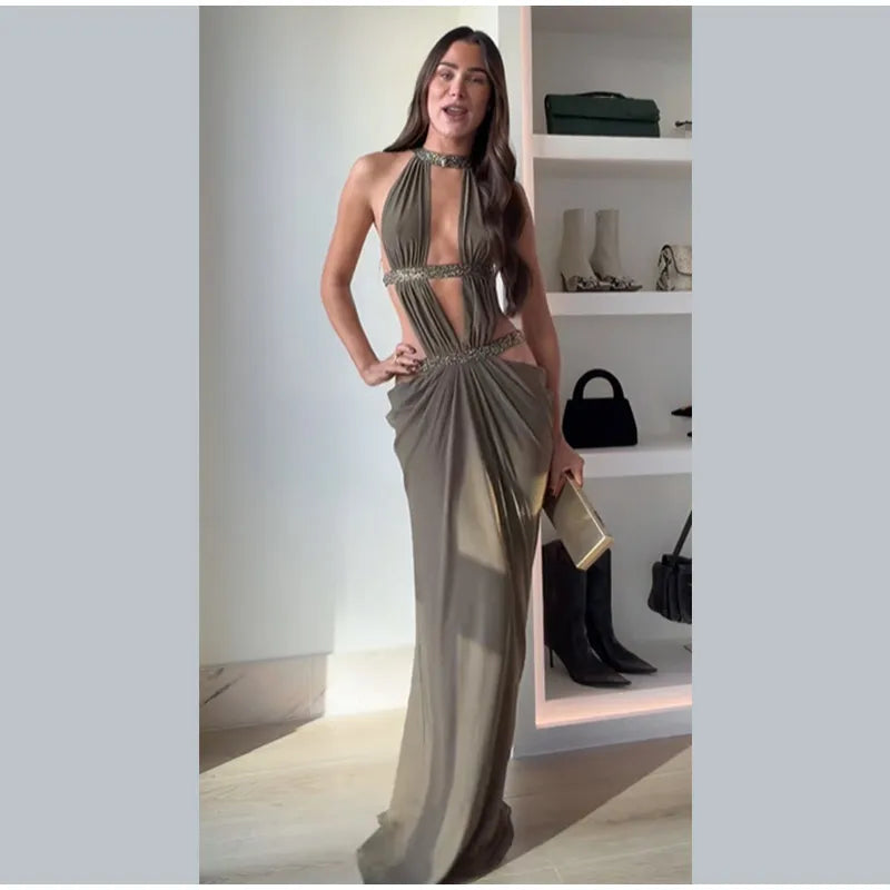 Women’s Sequin Halter Neck Sleeveless Backless Evening Maxi Dress