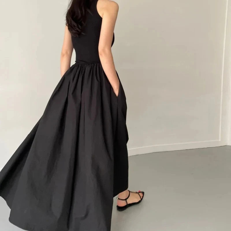 Women Black Long Dress Sleeveless Round Neck Elegant Style