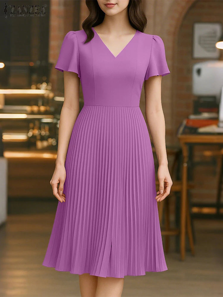 Elegant V Neck Office Work Dresses ZANZEA Women 2025 Summer Dress Solid Pleated Sundress Short Sleeve A Line Party Vestidos Robe