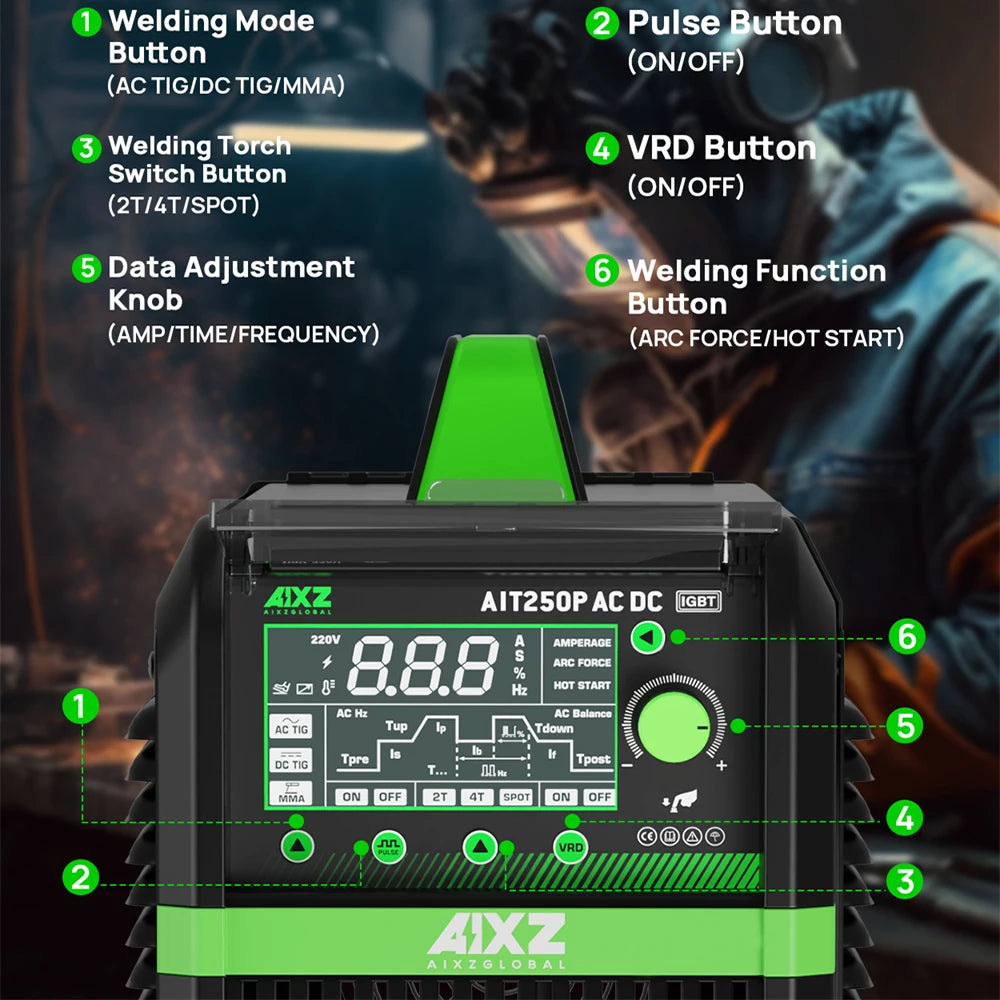 AIXZ 250A 5 in 1 HF TIG Welder AC/DC Aluminum Welding MMA/ARC/Argon Digital Pulse 2T/4T IGBT Inverter Stainless Welding Machine - trendingshoping.com