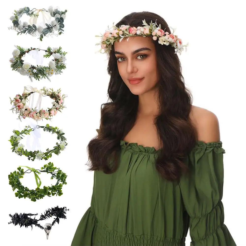 ashion Cosplay Headband – Fairy Flower & Leaf Antler Crown, Black Simulated Flower Elf Headpiece for Photoshoot & Wedding