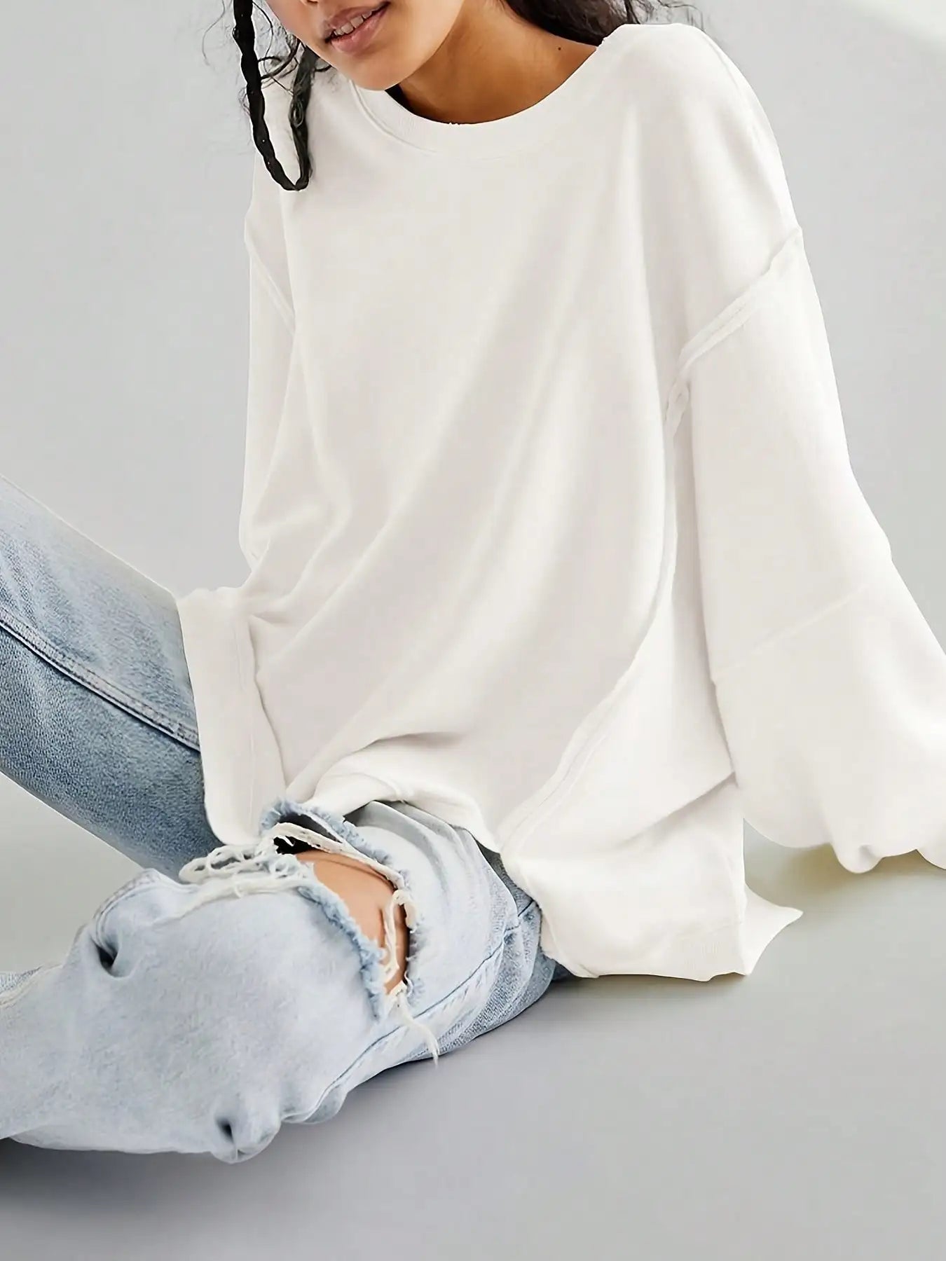 Women Spring Autumn Long Sleeve Loose Tops Crew Neck Striped Side Slits Shirt Casual Pullover Sweatshirt Tops