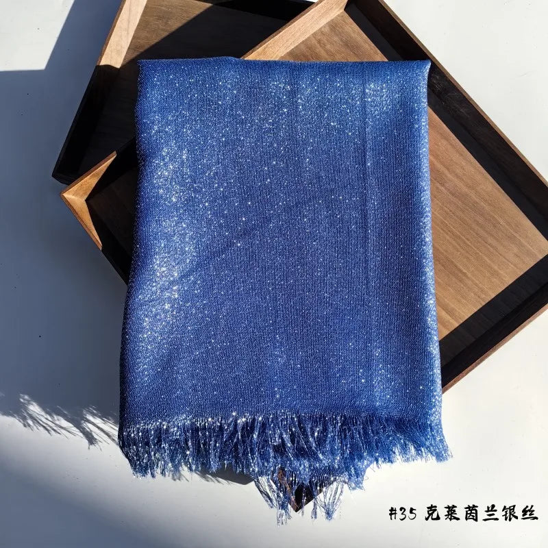 Lastest Brand Design Scarf Shiny Solid Color Shawls Rayon Fabric Gold Silk Silver Wire Head Shawl Fringe Hijab For Women