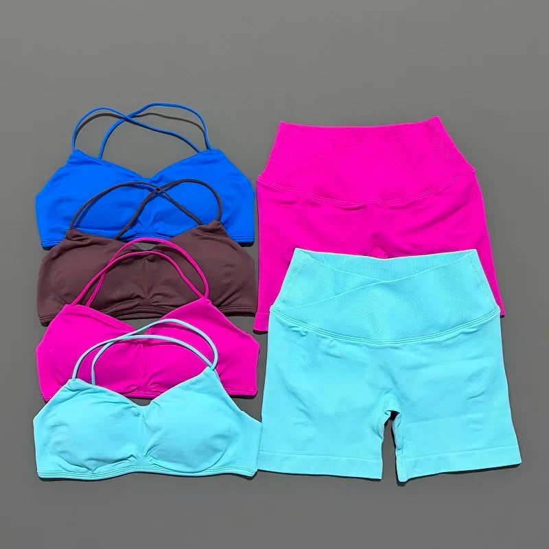 Women’s Seamless Workout Set - High Waist Scrunch Shorts & Crop Bra - 2PC Gym Suit