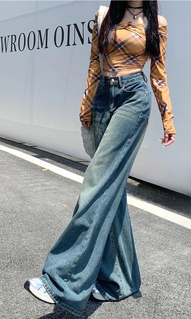 Womens Jeans Denim Pants 2025 Euramerican High Waist Girl Style Colorful Straight Leg Wide Leg Trousers