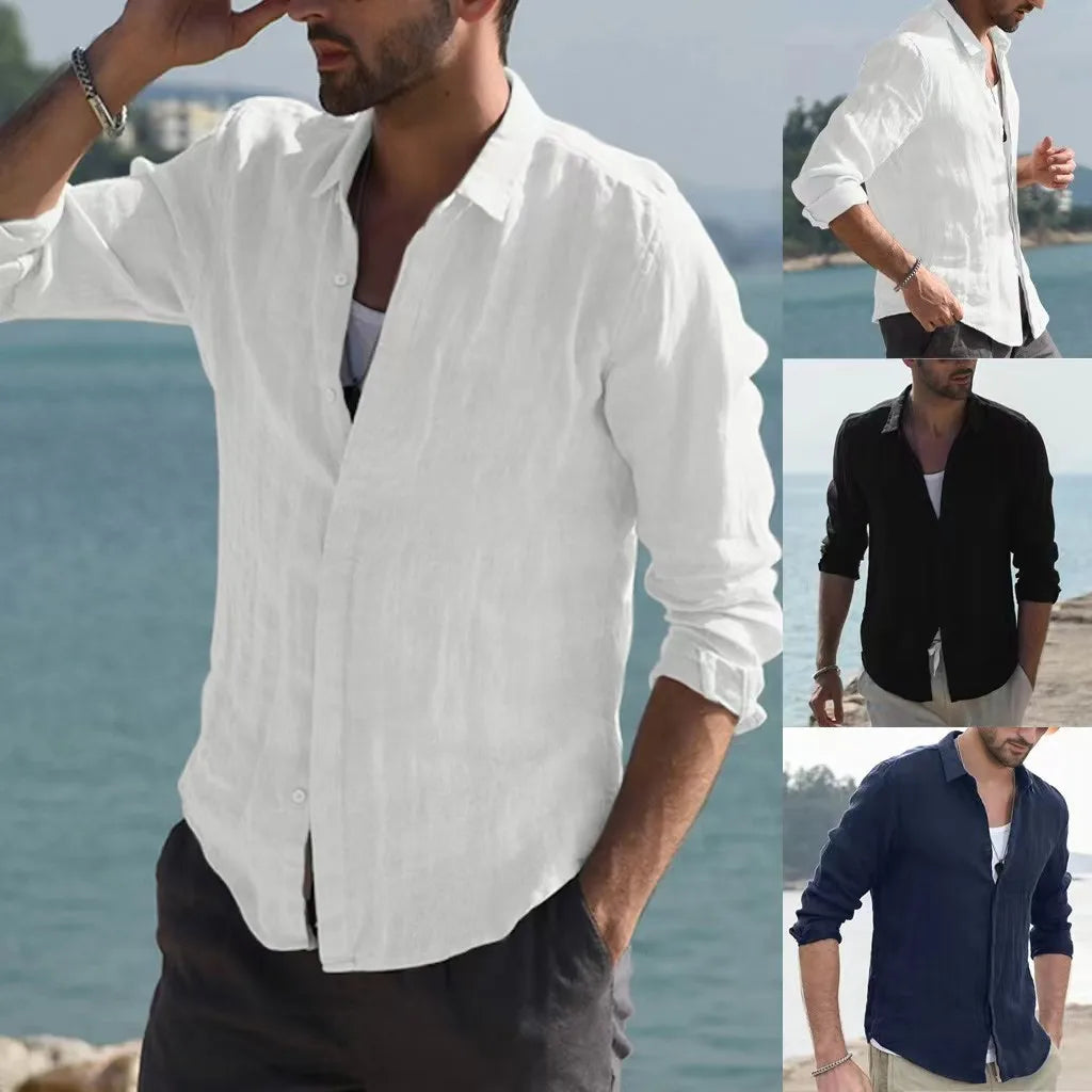 Men’s Pure Cotton Long Sleeve Solid Color Casual Shirt Coat