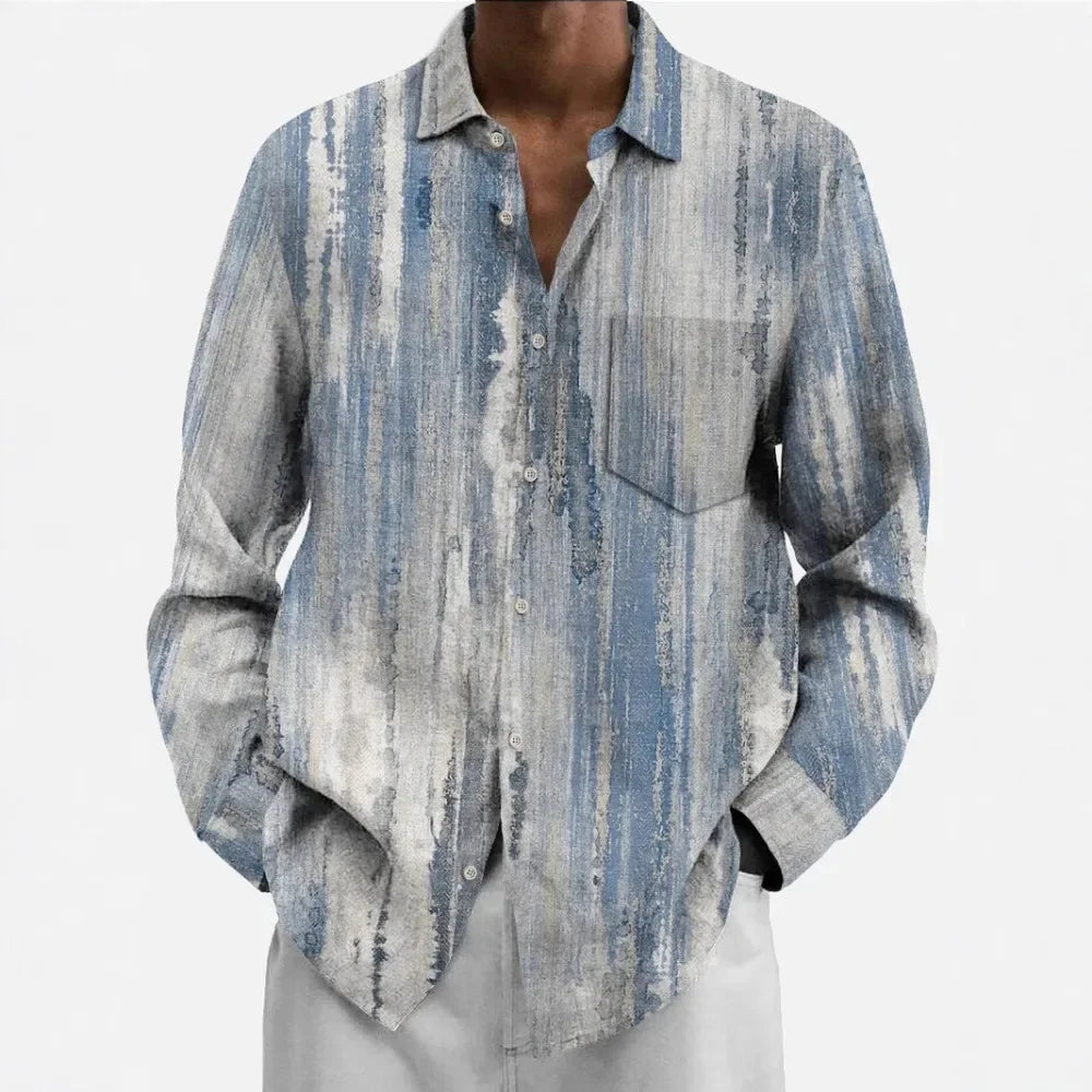 Men’s Hawaiian Button-Up Shirt Printed Stripe Long Sleeve Casual Shirt