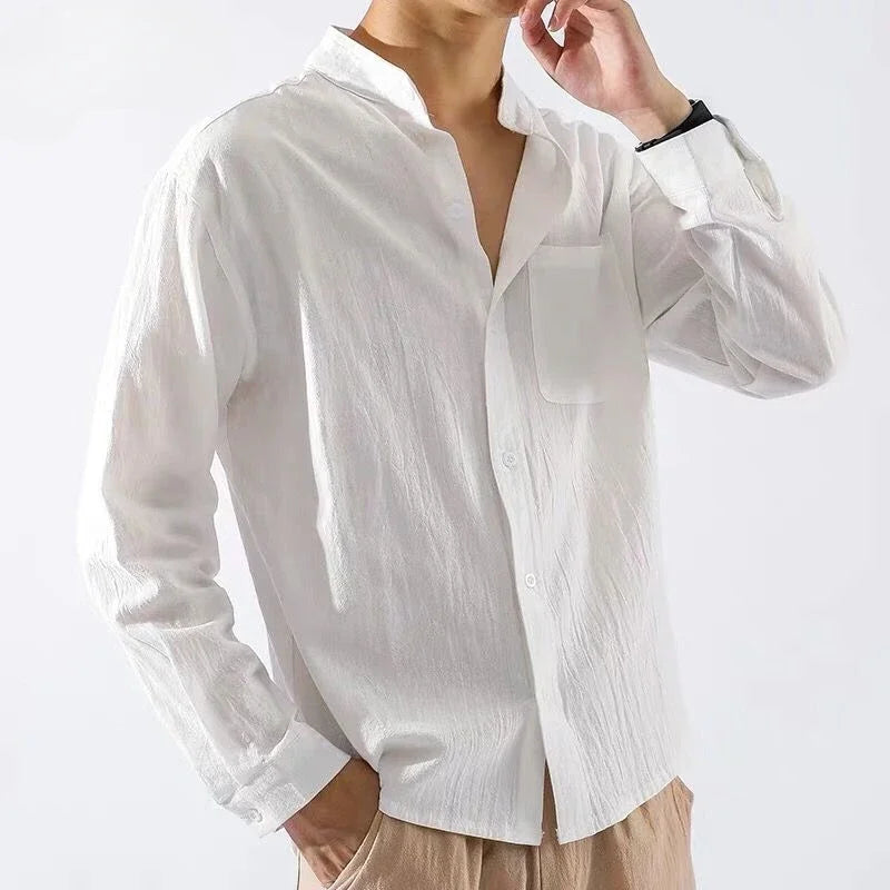 Men's White Linen Shirt with Pocket – Elegant Casual Fashion Shirt, 2025 New Arrival Social Tops