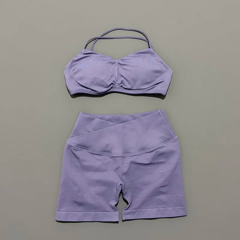 Women’s Seamless Workout Set - High Waist Scrunch Shorts & Crop Bra - 2PC Gym Suit