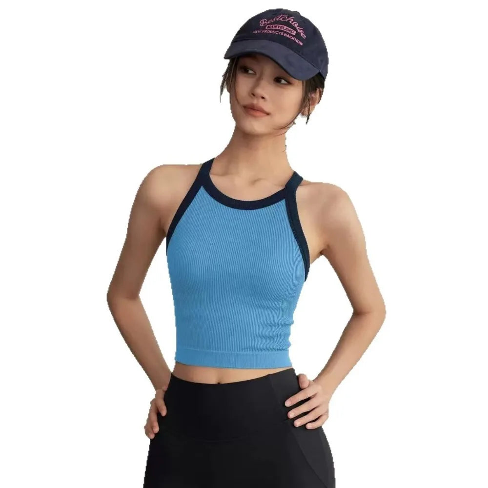 High Neck Sports Tank Top Comfortable Breathable Fitness Top with Chest Cushion Soft Fixed Cup Gym Wear for Women