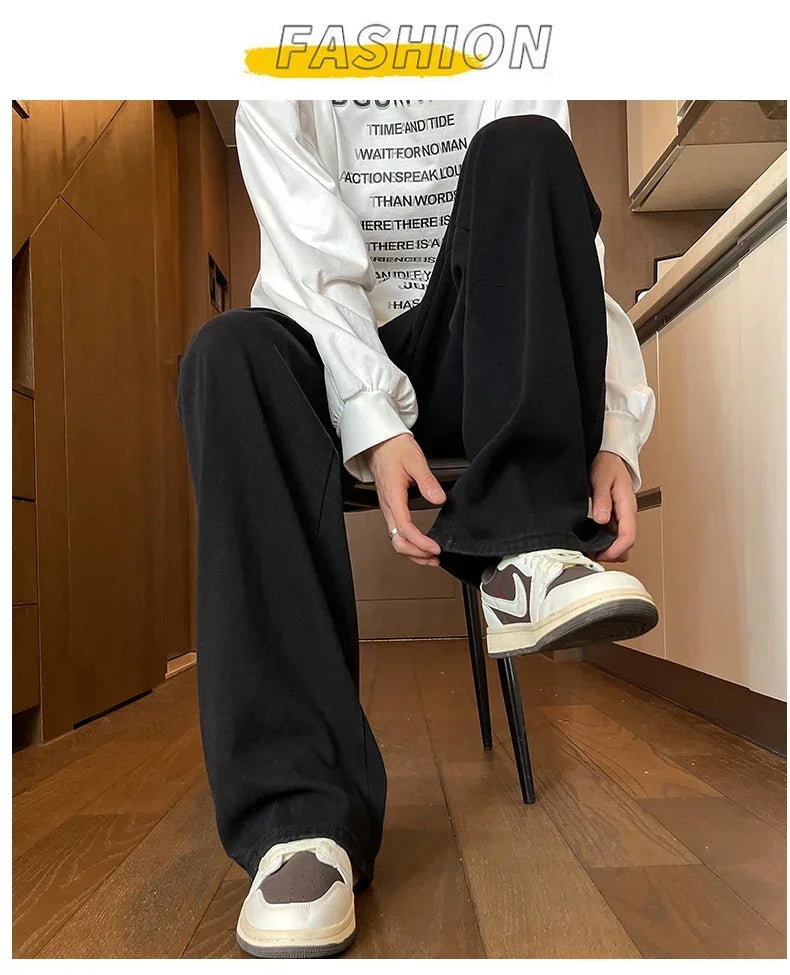 Mens Black Gray Loose Straight Wide Leg Jeans Casual Pantslue