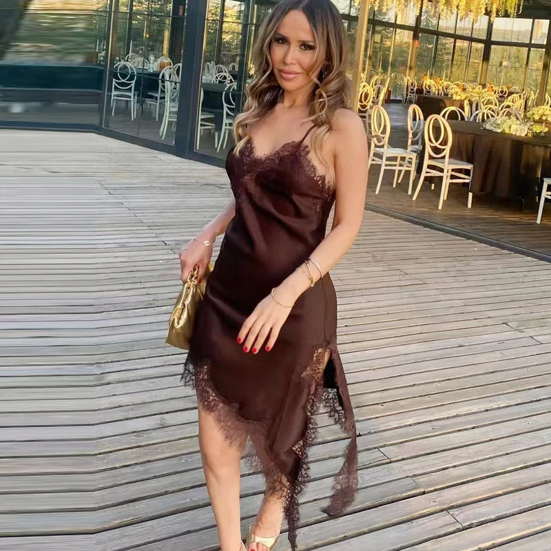 Women Asymmetric Lace Slip Dress Sleeveless Mini