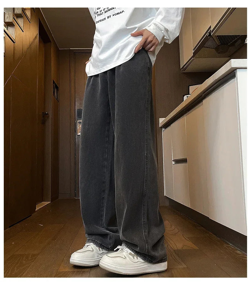 Mens Black Gray Loose Straight Wide Leg Jeans Casual Pantslue