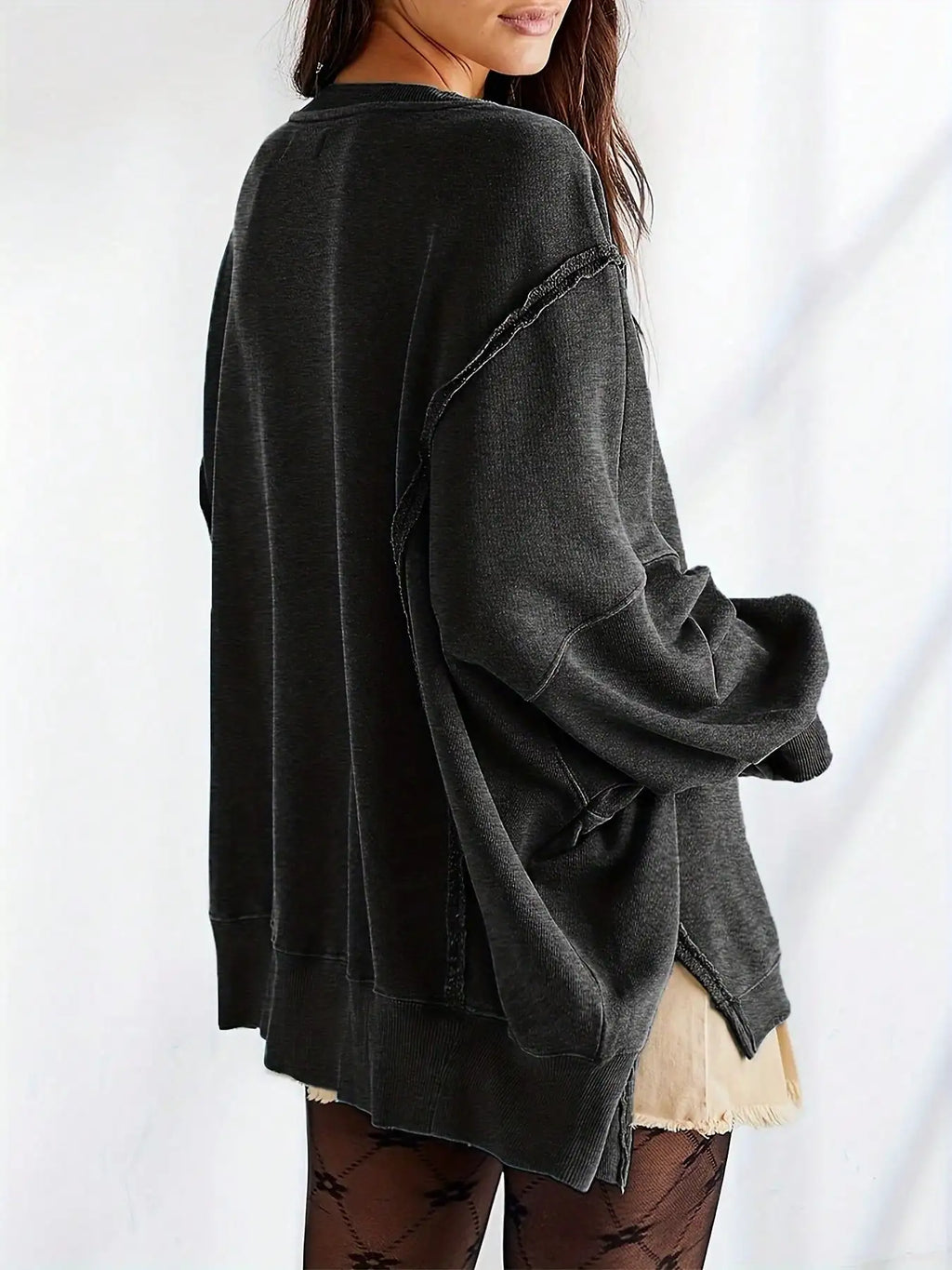 Women Spring Autumn Long Sleeve Loose Tops Crew Neck Striped Side Slits Shirt Casual Pullover Sweatshirt Tops