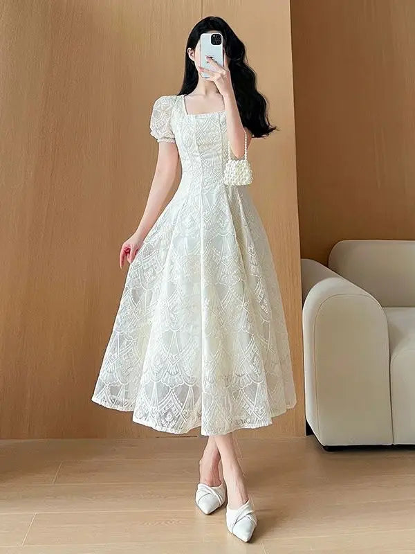 Women's Plus Size A-Line Summer Dress - Lace Hollow Out, Square Neck, Waist Cinched