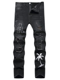Mens Jeans Black Denim Straight Leg Comfortable Mid Waist White Embroidery Casual Streetwear Slim