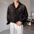 Fashion Hollow Out Shirts for Men Transparent Mesh Lace Long Sleeve Shirts Retro Elegant Breathable Tops Male Streetwear Popular