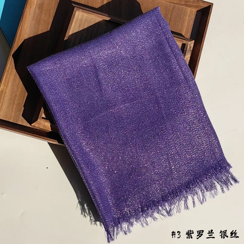 Lastest Brand Design Scarf Shiny Solid Color Shawls Rayon Fabric Gold Silk Silver Wire Head Shawl Fringe Hijab For Women