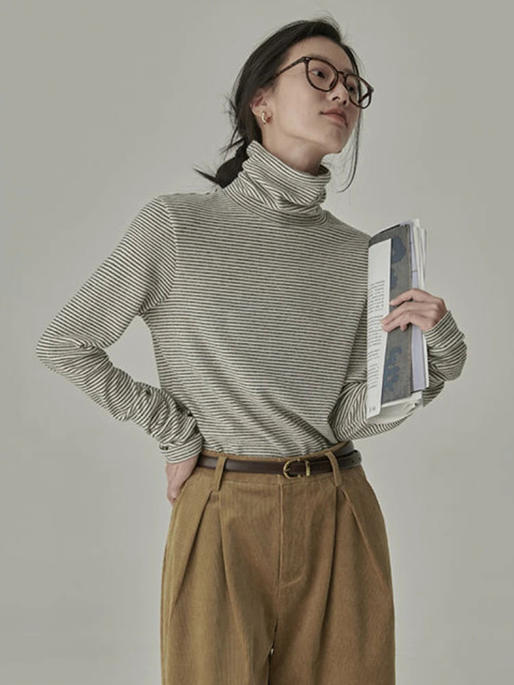 Striped T-shirts Women Spring Cozy Long Sleeved All-match Daily Elegant Classic Turtleneck Tops Hot Sales Korean Style Clothing