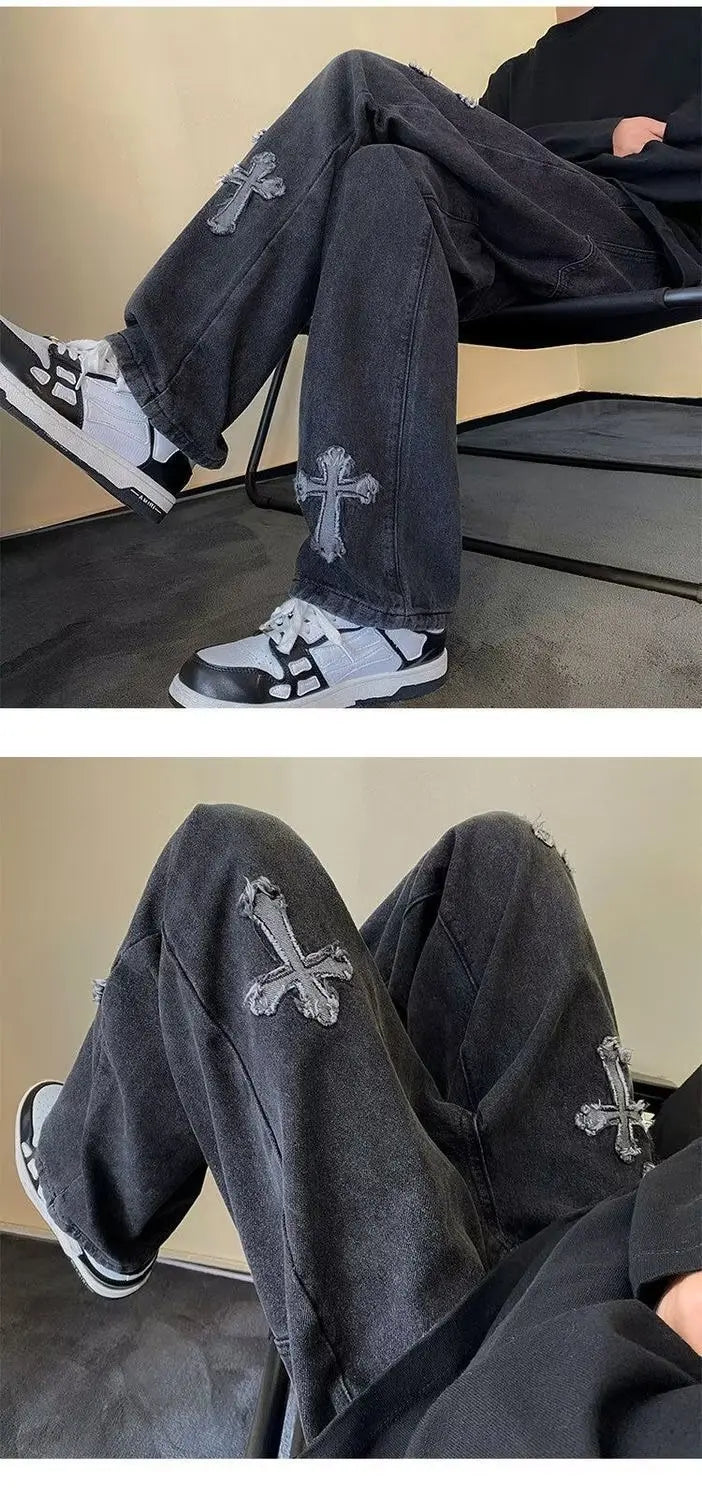 Mens Straight Loose Denim Jeans Cross Embroidery Black Blue Casual Pants