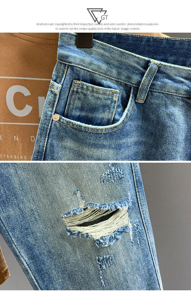 Ripped Jeans Men New Personality Fashion Vintage Blue Streetwear Baggy Denim Pants Casual Tapered Hole Frayed Trousers Male