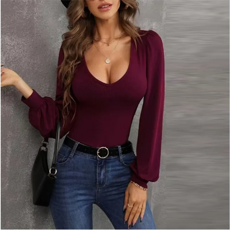 Women’s Sexy U-Neck Long Sleeve Slim Fit Top Solid Color Lantern Sleeve Autumn Fashion
