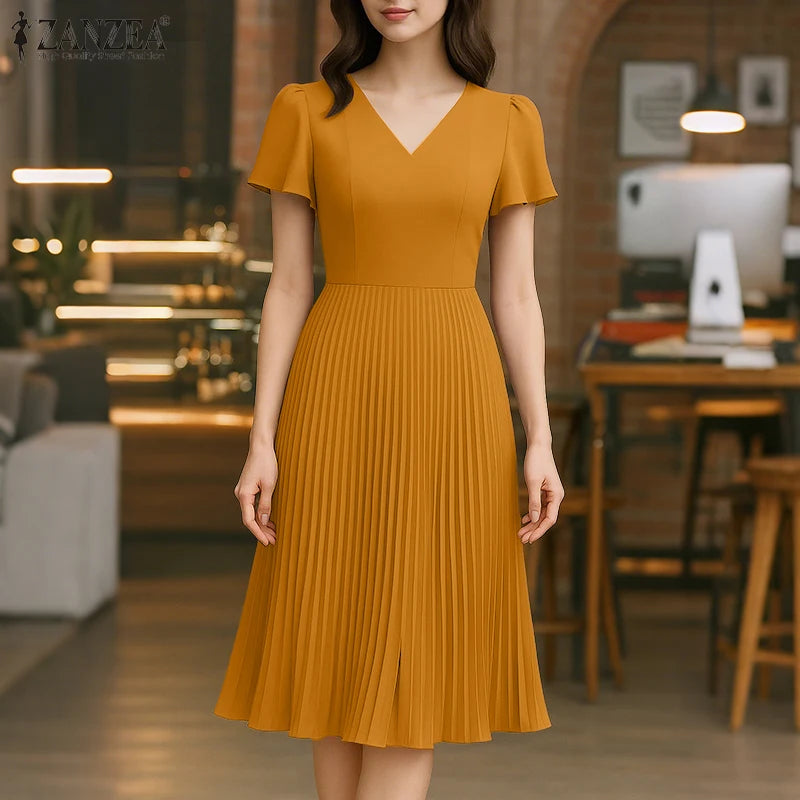 Elegant V Neck Office Work Dresses ZANZEA Women 2025 Summer Dress Solid Pleated Sundress Short Sleeve A Line Party Vestidos Robe