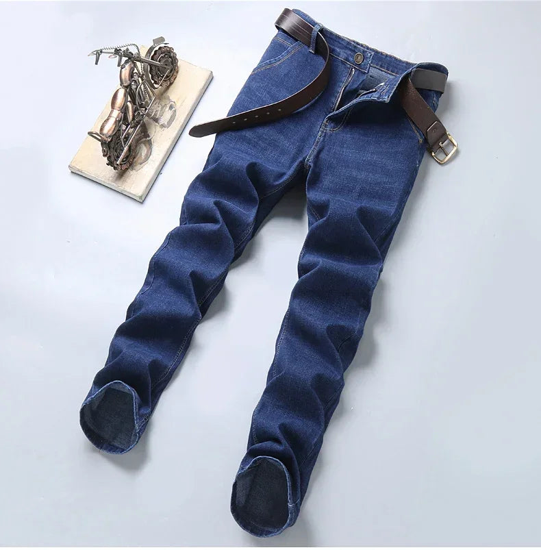 Men's Classic Straight Leg Stretch Jeans - Casual Work Denim Trousers in Blue & Black