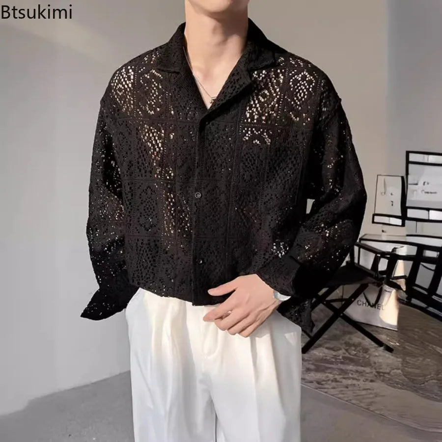 Fashion Hollow Out Shirts for Men Transparent Mesh Lace Long Sleeve Shirts Retro Elegant Breathable Tops Male Streetwear Popular