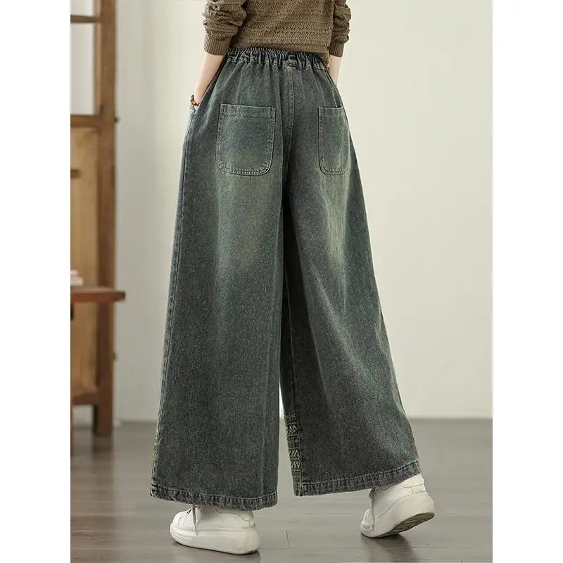 Jeans Women 2025 Autumn New Jeans Retro Heavy Industry Embroidery Ethnic Style Elastic Waist Casual Oversized Wide Leg Pants - trendingshoping.com