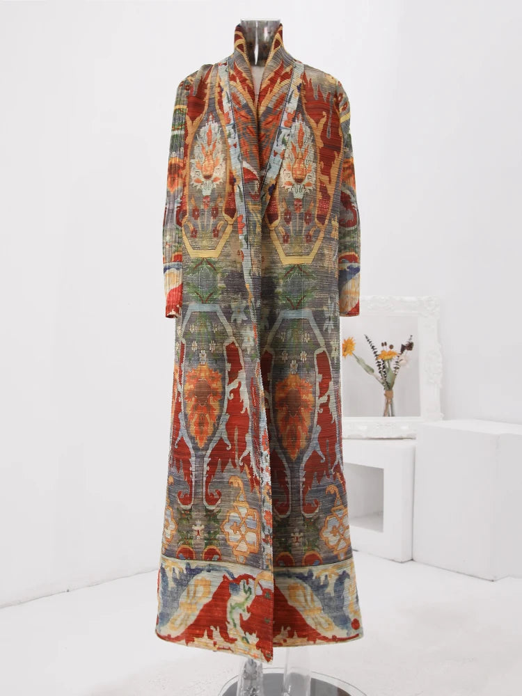 LANMREM Fashion Designer Print Pleated Windbreaker Women Scraf Collar Belt Gathered Waist Contrast Color 2024 New Coat 32C1261 - trendingshoping.com