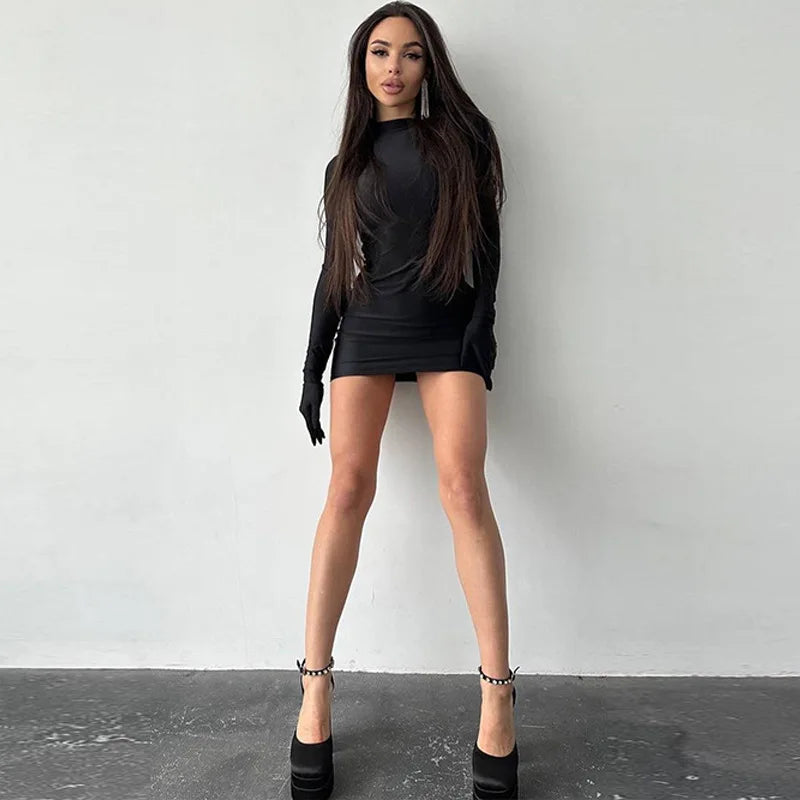 Women’s Solid Long Sleeve Bodycon Mini Dress with Gloves Half Turtleneck Party Y2K